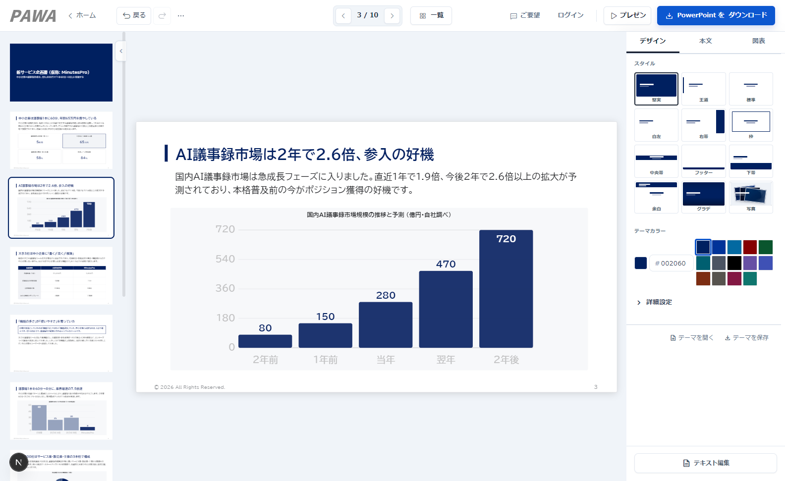 PAWA エディタ画面 — スライドを確認しながら編集して PowerPoint を保存